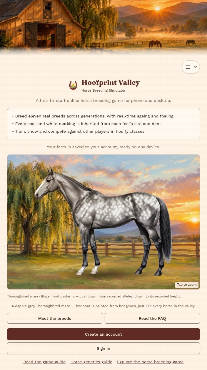 Hoofprint Valley public welcome screen with a gene-painted dapple grey Thoroughbred mare