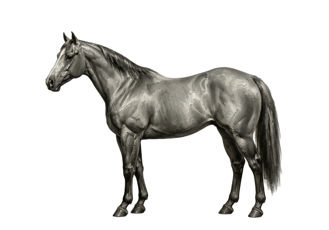 Side view of a Stock Horse mare, Chestnut from e/e A/a n/n g/g. Star, hind stockings. Dark brown eyes.